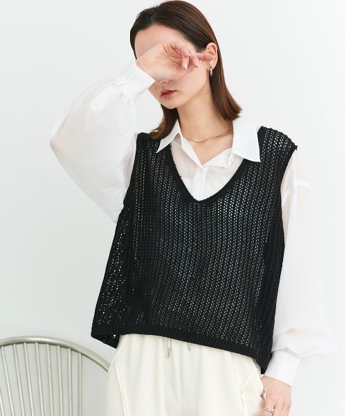ad thie ニット セーター Vネックメッシュ ニットベスト レディース - 画像 (3)