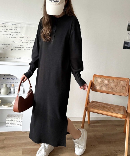 classicalelf ワンピース リラックス感とお洒落を両立。2wayヘンリーネックリブワンピース(ロング丈) - 画像 (5)