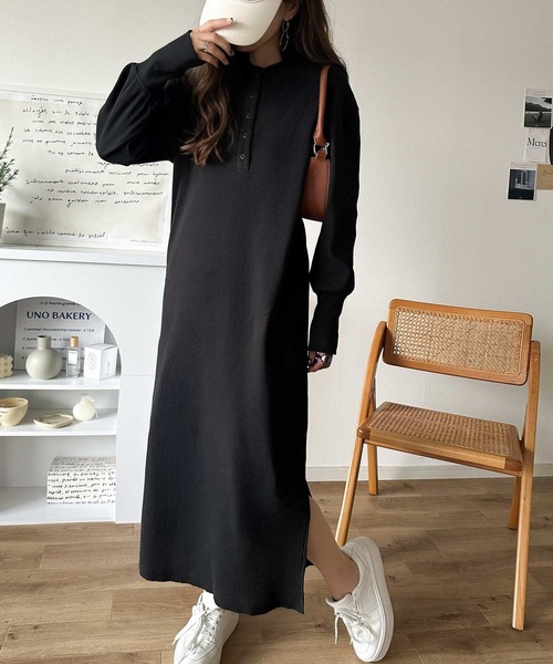 classicalelf ワンピース リラックス感とお洒落を両立。2wayヘンリーネックリブワンピース(ロング丈) - 画像 (7)