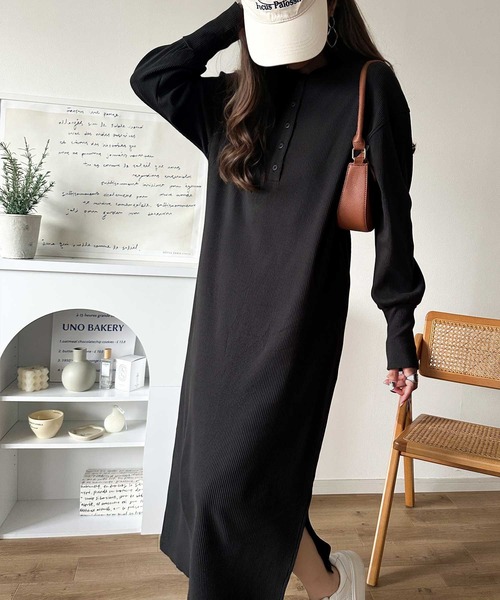 classicalelf ワンピース リラックス感とお洒落を両立。2wayヘンリーネックリブワンピース(ロング丈) - 画像 (6)