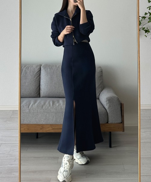 Louere セットアップ 裏起毛スウェットショートパーカー+スリットマーメイドスカートSET「高身長サイズMT/低身長サイズS有り」 レディース - 画像 (6)