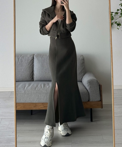 Louere セットアップ 裏起毛スウェットショートパーカー+スリットマーメイドスカートSET「高身長サイズMT/低身長サイズS有り」 レディース - 画像 (5)