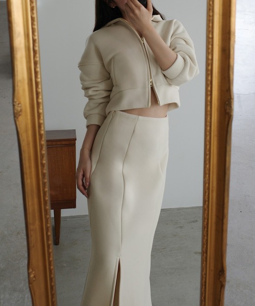 Louere セットアップ 裏起毛スウェットショートパーカー+スリットマーメイドスカートSET「高身長サイズMT/低身長サイズS有り」 レディース