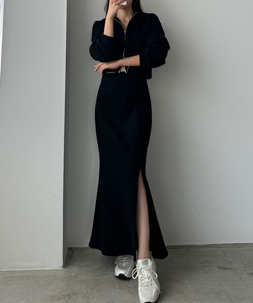 Louere セットアップ 裏起毛スウェットショートパーカー+スリットマーメイドスカートSET「高身長サイズMT/低身長サイズS有り」 レディース - 画像 (3)