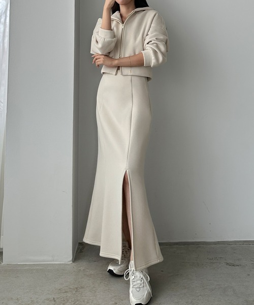 Louere セットアップ 裏起毛スウェットショートパーカー+スリットマーメイドスカートSET「高身長サイズMT/低身長サイズS有り」 レディース - 画像 (7)