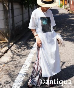 antiqua ワンピース かすれフォトデザインスリットワンピース