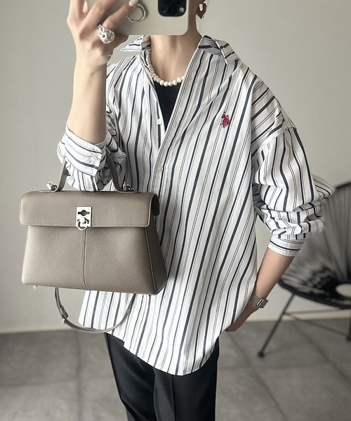 U.S. POLO ASSN. 「U.S. ASSN.」 長袖シャツ M ホワイト×ネイビー レディース