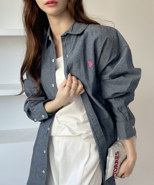 U.S. POLO ASSN. 「U.S. ASSN.」 長袖シャツ M ホワイト×ネイビー レディース - 画像 (3)