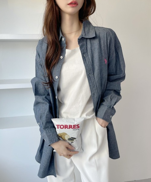 U.S. POLO ASSN. 「U.S. ASSN.」 長袖シャツ M ホワイト×ネイビー レディース - 画像 (4)