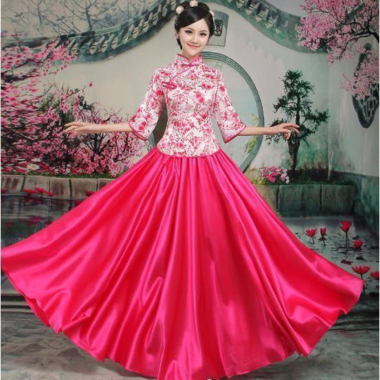 チャイナ服2点セット 花柄中華服 漢服唐装 七分袖チャイナブラウス+ロングスカート 中国風古典ダンス衣装 ニ胡箏演奏服 華流コスプレ衣装 中華風合唱舞台衣装 - 画像 (2)