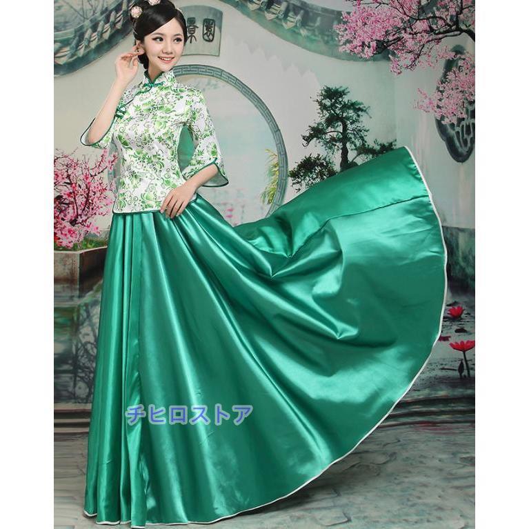 チャイナ服2点セット 花柄中華服 漢服唐装 七分袖チャイナブラウス+ロングスカート 中国風古典ダンス衣装 ニ胡箏演奏服 華流コスプレ衣装 中華風合唱舞台衣装 - 画像 (3)