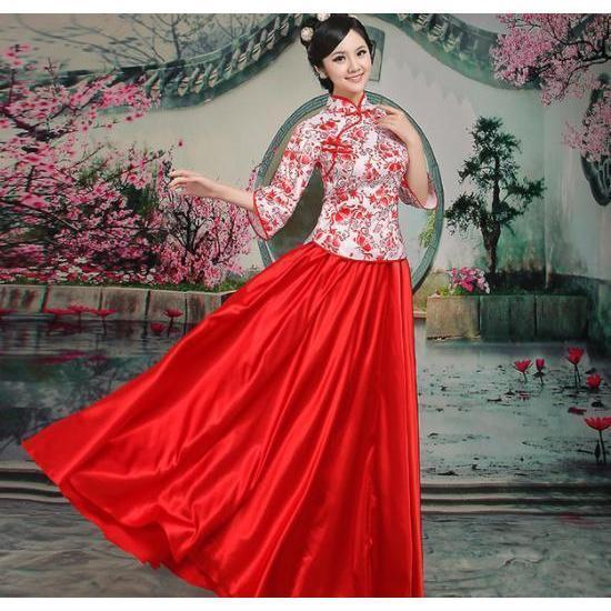 チャイナ服2点セット 花柄中華服 漢服唐装 七分袖チャイナブラウス+ロングスカート 中国風古典ダンス衣装 ニ胡箏演奏服 華流コスプレ衣装 中華風合唱舞台衣装 - 画像 (4)