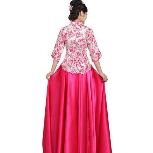 チャイナ服2点セット 花柄中華服 漢服唐装 七分袖チャイナブラウス+ロングスカート 中国風古典ダンス衣装 ニ胡箏演奏服 華流コスプレ衣装 中華風合唱舞台衣装 - 画像 (5)