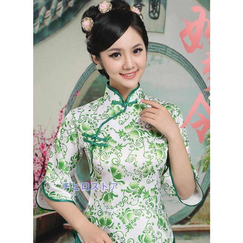 チャイナ服2点セット 花柄中華服 漢服唐装 七分袖チャイナブラウス+ロングスカート 中国風古典ダンス衣装 ニ胡箏演奏服 華流コスプレ衣装 中華風合唱舞台衣装 - 画像 (6)