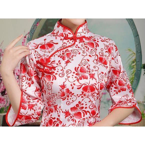 チャイナ服2点セット 花柄中華服 漢服唐装 七分袖チャイナブラウス+ロングスカート 中国風古典ダンス衣装 ニ胡箏演奏服 華流コスプレ衣装 中華風合唱舞台衣装 - 画像 (7)