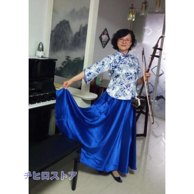 チャイナ服2点セット 花柄中華服 漢服唐装 七分袖チャイナブラウス+ロングスカート 中国風古典ダンス衣装 ニ胡箏演奏服 華流コスプレ衣装 中華風合唱舞台衣装 - 画像 (8)