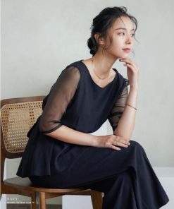 niana 結婚式 セットアップ パンツドレス パーティードレス シアー袖 ブラウス フリル バックリボン ワイドパンツ 半袖 ロング丈 袖あり オケージョン