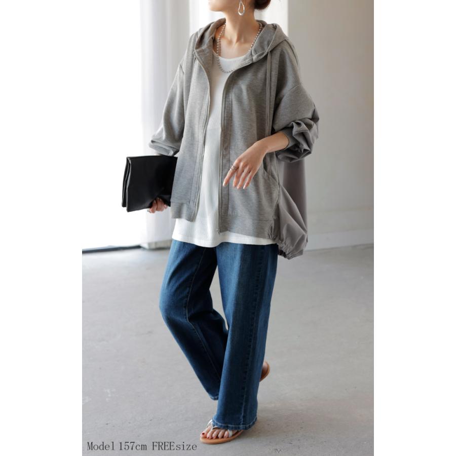 HUG.U パーカー ポンチ シャツ スポーティー アウター レディース チュニック 異素材 ライトアウター トップス ジップアップ フード フーディー ビッグ ゆったり - 画像 (2)