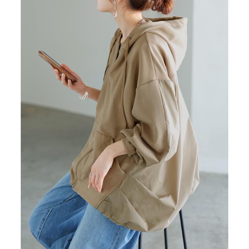 HUG.U パーカー ポンチ シャツ スポーティー アウター レディース チュニック 異素材 ライトアウター トップス ジップアップ フード フーディー ビッグ ゆったり - 画像 (4)