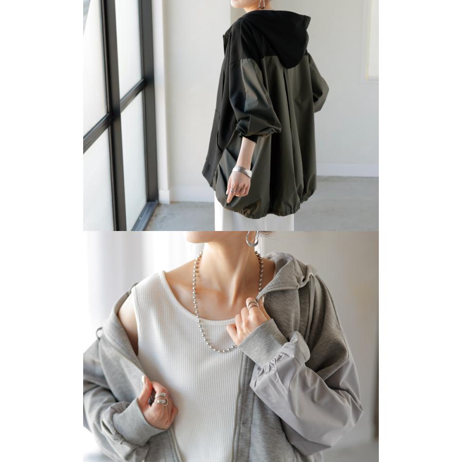 HUG.U パーカー ポンチ シャツ スポーティー アウター レディース チュニック 異素材 ライトアウター トップス ジップアップ フード フーディー ビッグ ゆったり - 画像 (5)