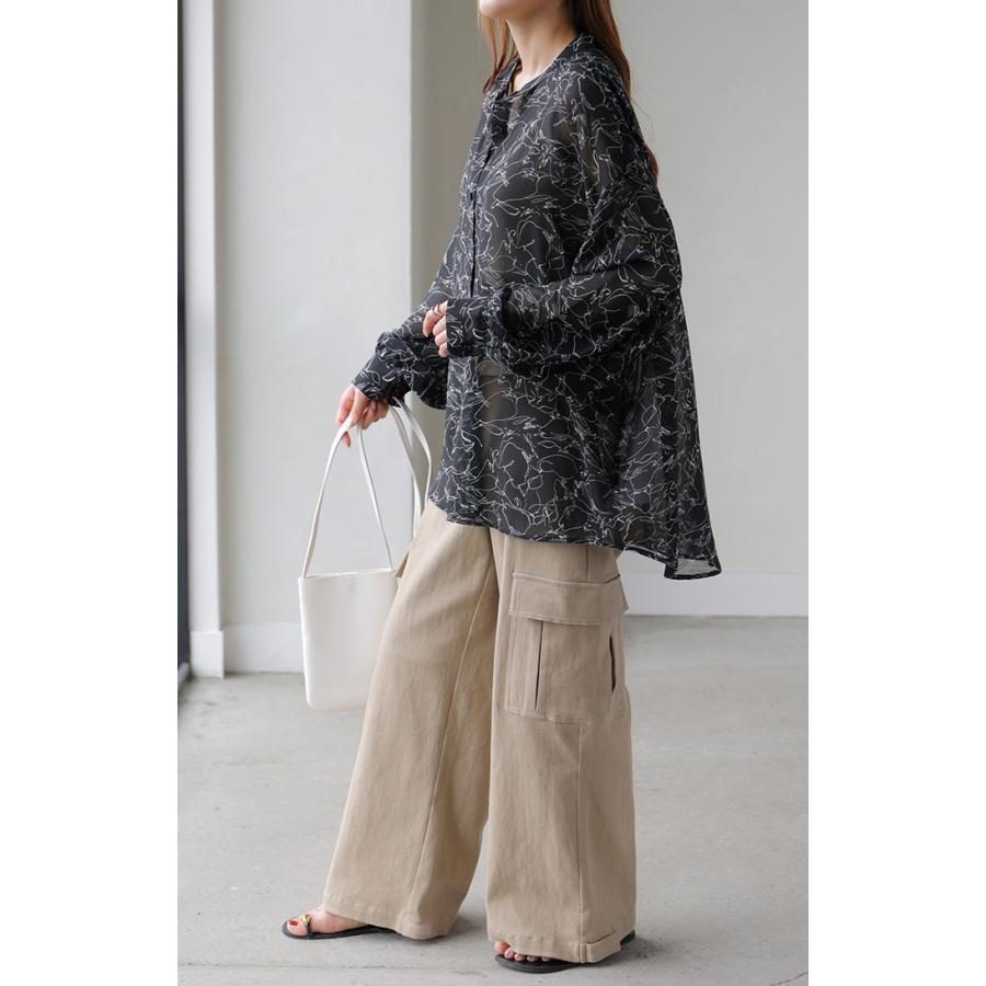 HUG.U シャツ レディース ノーカラー シアー 総柄 トップス バンドカラー シワになりにくい ブラウス ロング - 画像 (9)