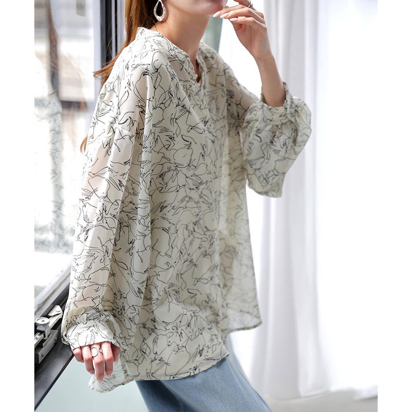 HUG.U シャツ レディース ノーカラー シアー 総柄 トップス バンドカラー シワになりにくい ブラウス ロング - 画像 (4)