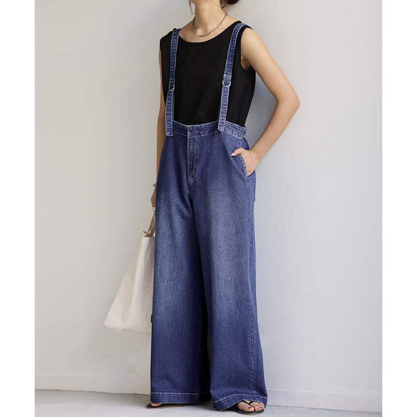 HUG.U サロペット サロペ デニム 大人 オールインワン レディース 脚長 大きいサイズ つなぎ ワイドパンツ - 画像 (4)