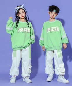 キッズヒップホップダンス 衣装 長袖Tシャツ パンツ 男女兼用 ダンス衣装 カーゴパンツ サルエルパンツ jazz hiphop かっこいい 演出服 グリーン