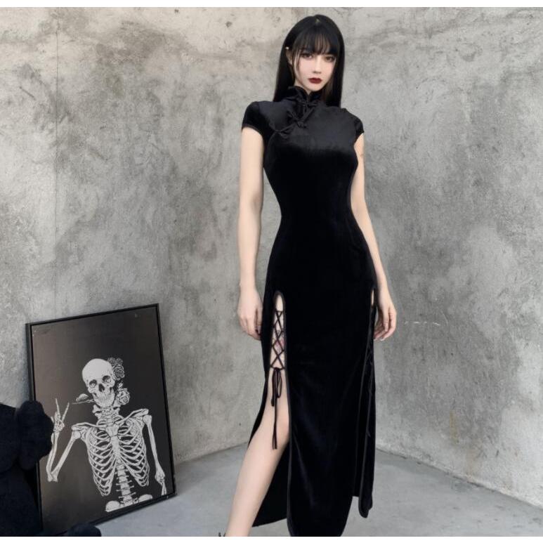 系 チャイナドレス ハロウィン コスプレ衣装 ロング丈 マキシ丈 暗黒 半袖 チャイナ ドレス 無地 ハイスリット リボン 交差 クローズ タイト - 画像 (2)