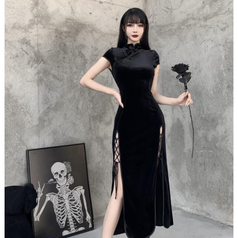 系 チャイナドレス ハロウィン コスプレ衣装 ロング丈 マキシ丈 暗黒 半袖 チャイナ ドレス 無地 ハイスリット リボン 交差 クローズ タイト - 画像 (3)