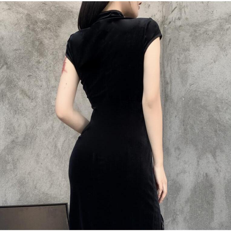 系 チャイナドレス ハロウィン コスプレ衣装 ロング丈 マキシ丈 暗黒 半袖 チャイナ ドレス 無地 ハイスリット リボン 交差 クローズ タイト - 画像 (7)