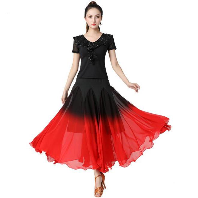 社交ダンス 衣装 大人 モダンダンス スカート グラデーション 大きい裾 広がるダンス シフォン ロング丈 レディース 古典ダンス 民族ダンス ラテンダン - 画像 (2)