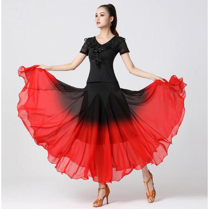 社交ダンス 衣装 大人 モダンダンス スカート グラデーション 大きい裾 広がるダンス シフォン ロング丈 レディース 古典ダンス 民族ダンス ラテンダン - 画像 (3)