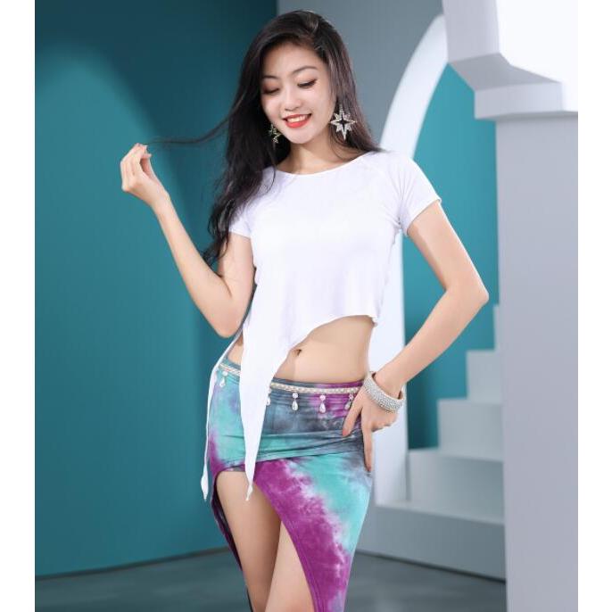 ベリーダンス 衣装2点セット レディース 社交ダンス 練習着 レッスンウェア 半袖 ショート丈 モダールTシャツ アシンメトリー裾 裾リボン 配色 タイダイ染 ロン