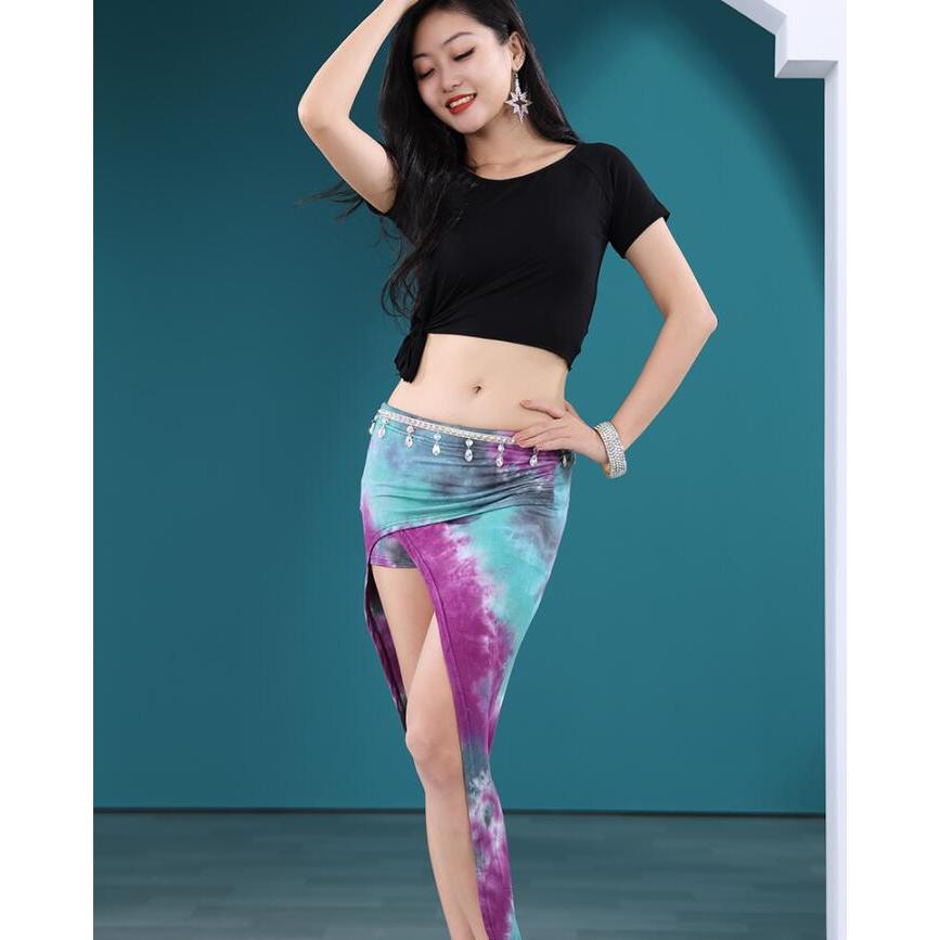 ベリーダンス 衣装2点セット レディース 社交ダンス 練習着 レッスンウェア 半袖 ショート丈 モダールTシャツ アシンメトリー裾 裾リボン 配色 タイダイ染 ロン - 画像 (2)