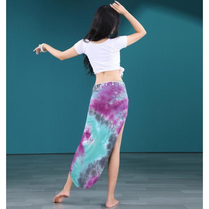 ベリーダンス 衣装2点セット レディース 社交ダンス 練習着 レッスンウェア 半袖 ショート丈 モダールTシャツ アシンメトリー裾 裾リボン 配色 タイダイ染 ロン - 画像 (4)