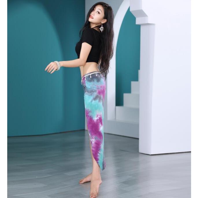 ベリーダンス 衣装2点セット レディース 社交ダンス 練習着 レッスンウェア 半袖 ショート丈 モダールTシャツ アシンメトリー裾 裾リボン 配色 タイダイ染 ロン - 画像 (5)