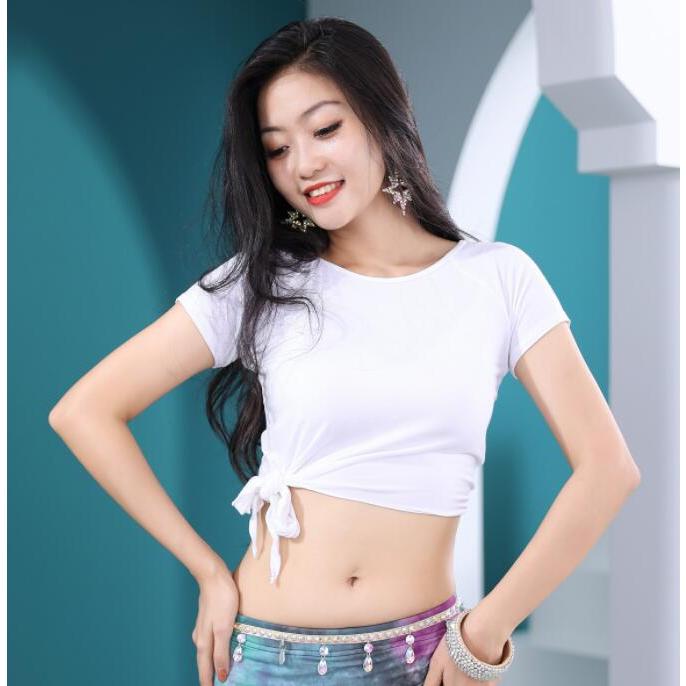 ベリーダンス 衣装2点セット レディース 社交ダンス 練習着 レッスンウェア 半袖 ショート丈 モダールTシャツ アシンメトリー裾 裾リボン 配色 タイダイ染 ロン - 画像 (7)