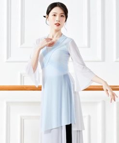 古典舞踊ダンスウェア レディース 大人 古典ダンス衣装 チャイナ風民族ダンス 柔かい ロング丈ブラウス 交差 Ｖネック 七分袖 前開き ダンス 衣装 バイカラー 非