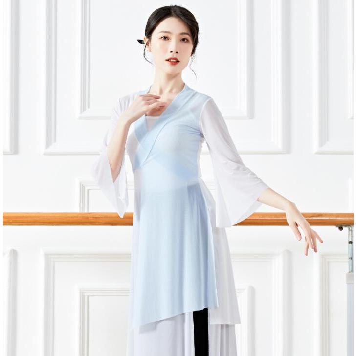 古典舞踊ダンスウェア レディース 大人 古典ダンス衣装 チャイナ風民族ダンス 柔かい ロング丈ブラウス 交差 Vネック 七分袖 前開き ダンス 衣装 バイカラー 非