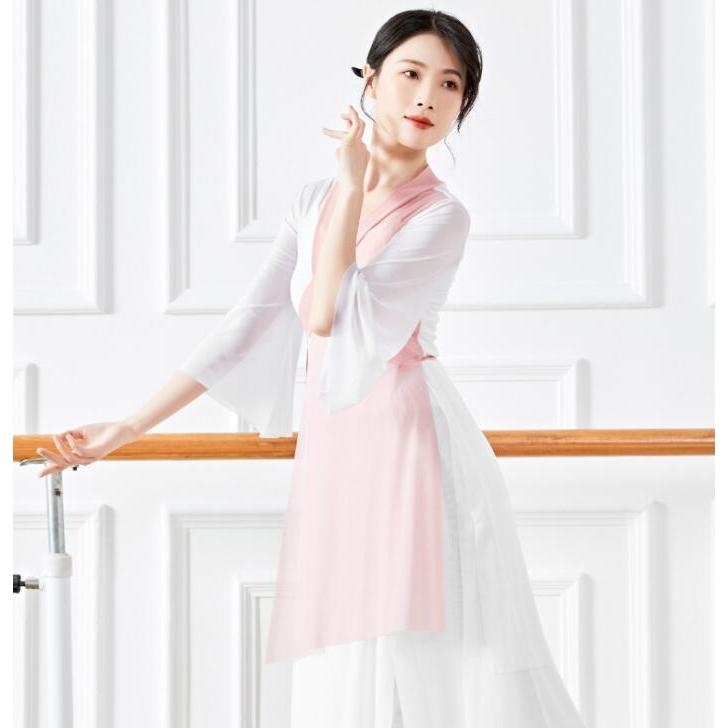 古典舞踊ダンスウェア レディース 大人 古典ダンス衣装 チャイナ風民族ダンス 柔かい ロング丈ブラウス 交差 Vネック 七分袖 前開き ダンス 衣装 バイカラー 非 - 画像 (2)