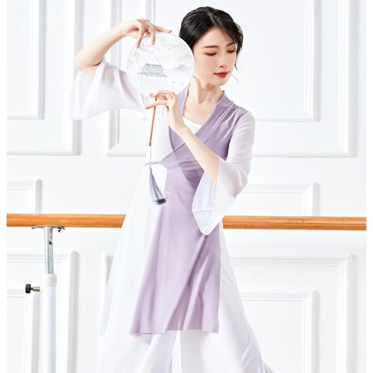 古典舞踊ダンスウェア レディース 大人 古典ダンス衣装 チャイナ風民族ダンス 柔かい ロング丈ブラウス 交差 Vネック 七分袖 前開き ダンス 衣装 バイカラー 非 - 画像 (3)