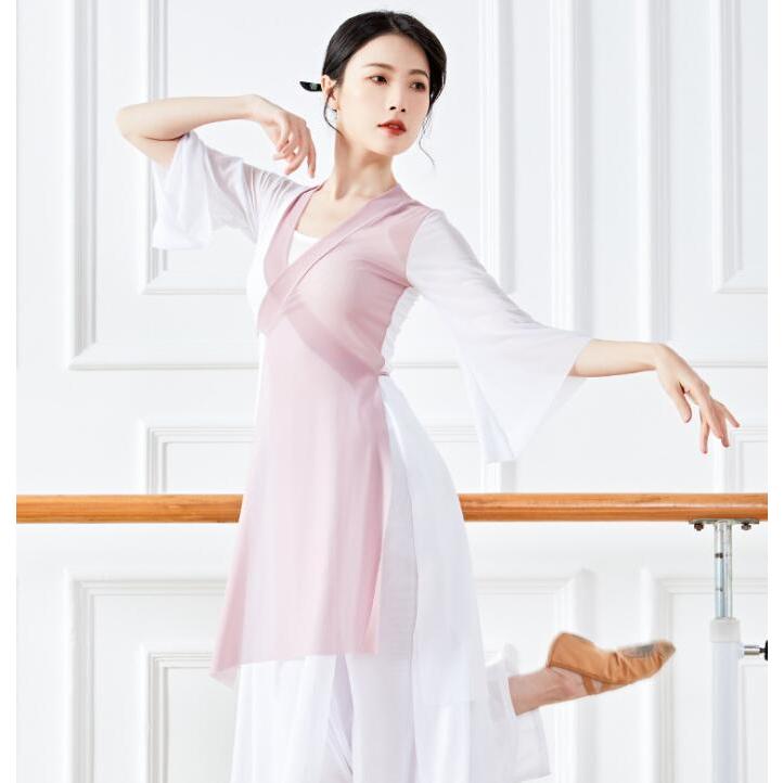 古典舞踊ダンスウェア レディース 大人 古典ダンス衣装 チャイナ風民族ダンス 柔かい ロング丈ブラウス 交差 Vネック 七分袖 前開き ダンス 衣装 バイカラー 非 - 画像 (4)