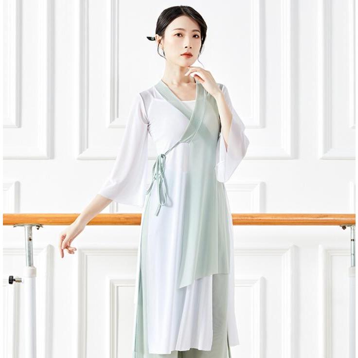 古典舞踊ダンスウェア レディース 大人 古典ダンス衣装 チャイナ風民族ダンス 柔かい ロング丈ブラウス 交差 Vネック 七分袖 前開き ダンス 衣装 バイカラー 非 - 画像 (5)