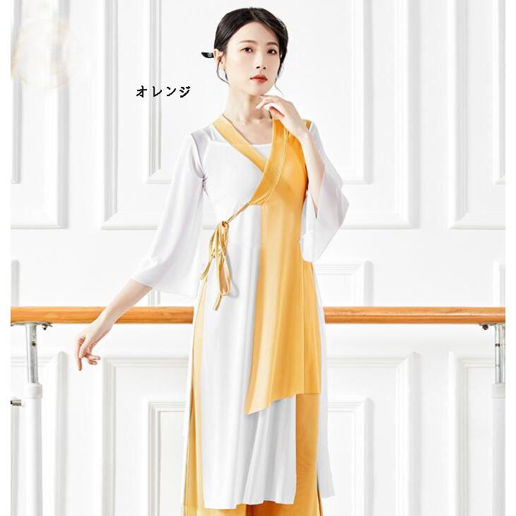 古典舞踊ダンスウェア レディース 大人 古典ダンス衣装 チャイナ風民族ダンス 柔かい ロング丈ブラウス 交差 Vネック 七分袖 前開き ダンス 衣装 バイカラー 非 - 画像 (6)