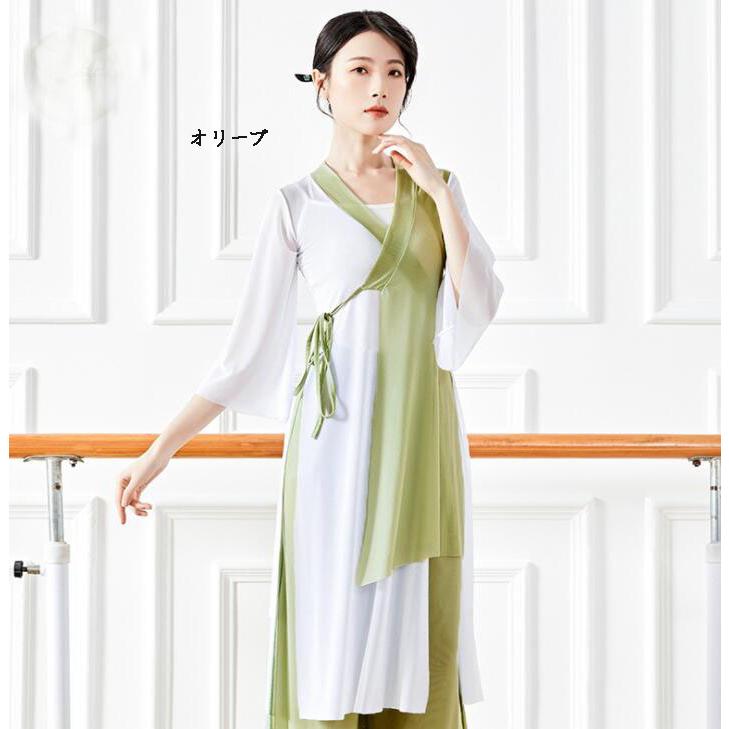 古典舞踊ダンスウェア レディース 大人 古典ダンス衣装 チャイナ風民族ダンス 柔かい ロング丈ブラウス 交差 Vネック 七分袖 前開き ダンス 衣装 バイカラー 非 - 画像 (7)