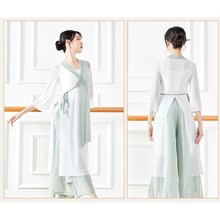 古典舞踊ダンスウェア レディース 大人 古典ダンス衣装 チャイナ風民族ダンス 柔かい ロング丈ブラウス 交差 Vネック 七分袖 前開き ダンス 衣装 バイカラー 非 - 画像 (9)