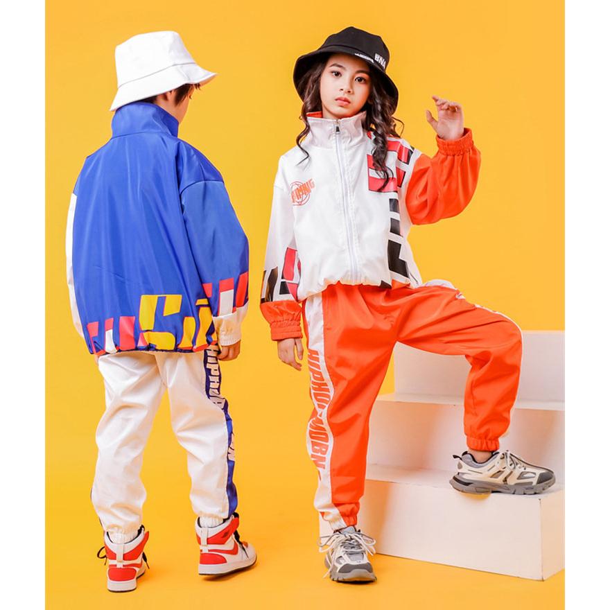 キッズ ダンス 衣装 ジャンケット パンツ ヒップホップ トップス 長袖 オレンジ ブルー ダンスウェア 子供 HIPHOP ストリートダンス ジュニア 男の子 女の子 秋 - 画像 (2)