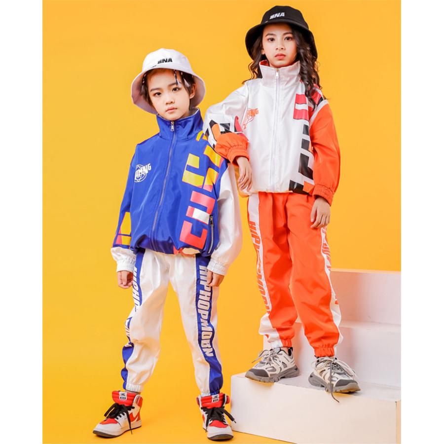 キッズ ダンス 衣装 ジャンケット パンツ ヒップホップ トップス 長袖 オレンジ ブルー ダンスウェア 子供 HIPHOP ストリートダンス ジュニア 男の子 女の子 秋 - 画像 (4)