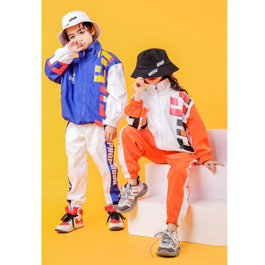 キッズ ダンス 衣装 ジャンケット パンツ ヒップホップ トップス 長袖 オレンジ ブルー ダンスウェア 子供 HIPHOP ストリートダンス ジュニア 男の子 女の子 秋 - 画像 (5)